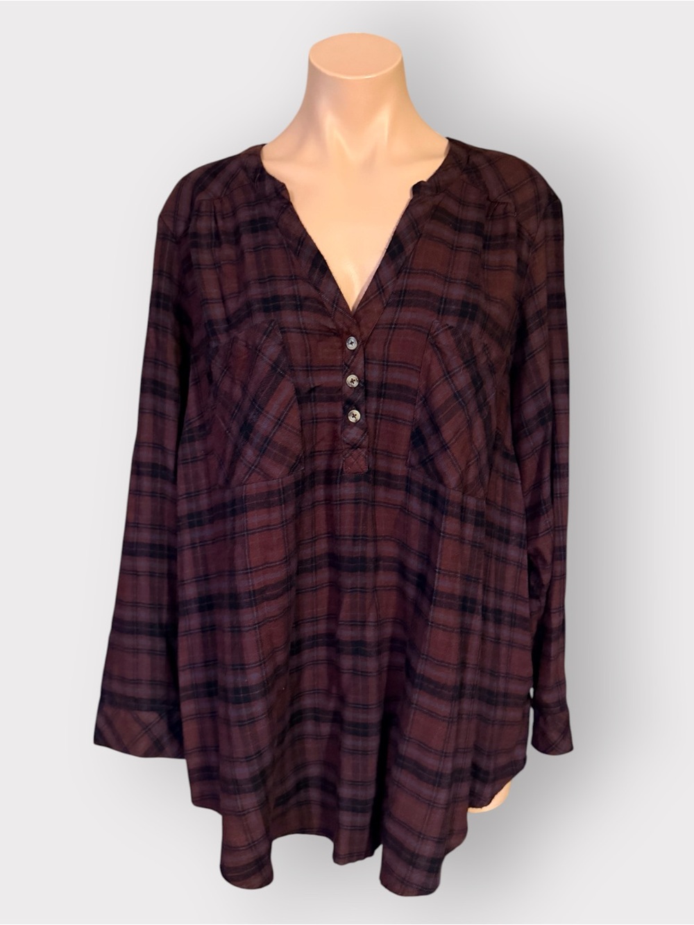 Torrid Women’s 3X Harper Burgundy Plaid Pullover Long Sleeve V Neck Tunic Top